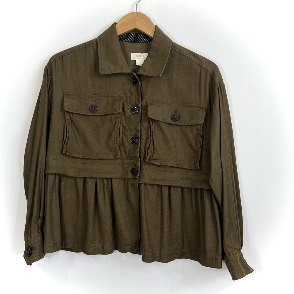 Maeve Anthropologie Utility Shirt Jacket Petite Size XSP Olive Green Button Up